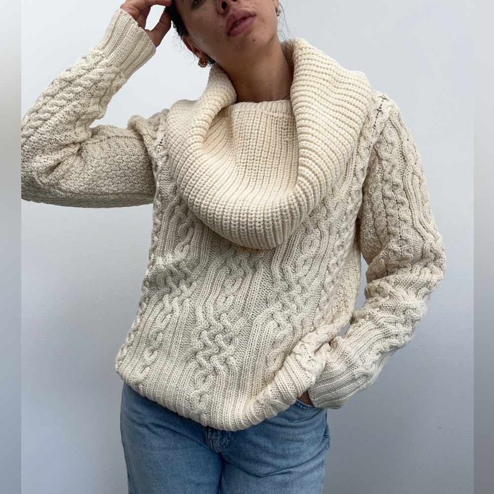 Aran Mor Ireland Cream Cable Knit Cowl Neck Chunky Merino Wool Sweater Size M